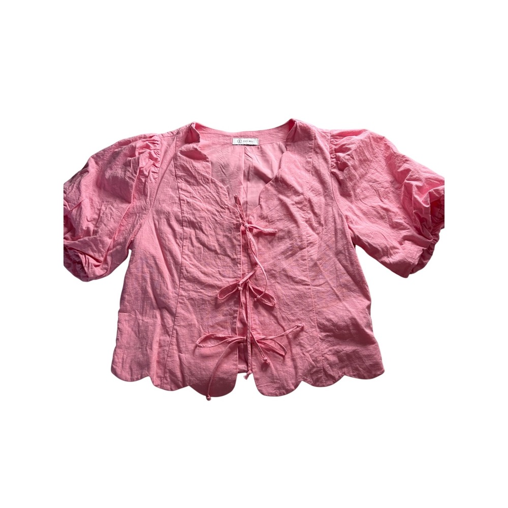 Cicy Bell Pink Scalloped Hem Tie Front Puff Sleeve Cotton Top M Feminine Party